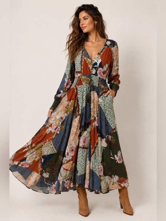 Jaase Dresses & Skirts - Jaase “Handshaped in the Shed” Patchwork Boho Maxi Dress Crochet Lace Back Large